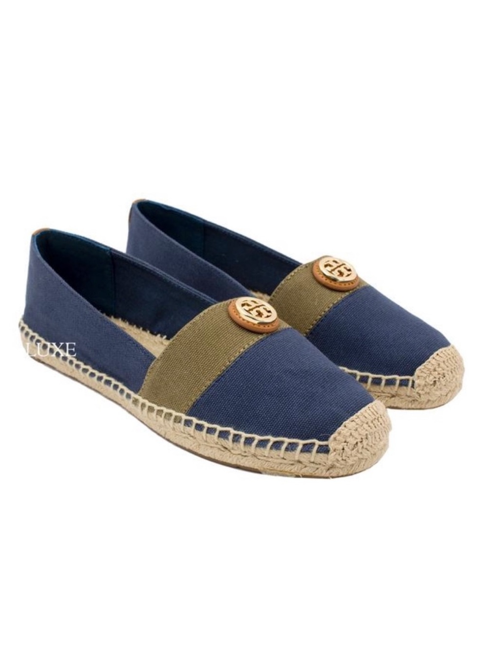 Tory Burch 'Beacher' canvas Espadrille Flat navy olive gold logo signature